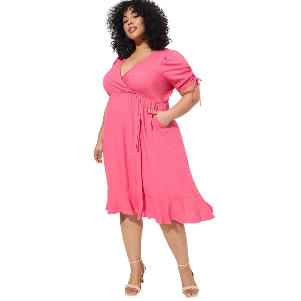 Torrid Honeysuckle Pink Swiss Dot Surplice Midi Dress 2 Rayon Pockets Romantic